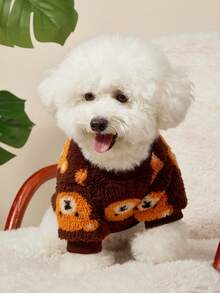 PETSIN 1pc Pet Cat Dog Universal Brown Bear Pattern Printed Cute Double Sided Elastic Plush Comfortable Warm Dog Round Neck Sweatshirt - Multicolor - View 4