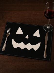 1Pc Halloween Placemats, Scary Grinning Face Jack-O'-Lantern Printed Decorative Table Mats, Non-Slip Linen Dining Pads For Halloween Night Party Table Decor - B - View 6