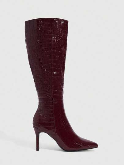 Daringsoles Women's Pointed Burgundy PU Oily Glossy Side Zipper Animal Pattern Medium Boots Thin Heel High Heel Party Commuter Women's Autumn And Winter Boots Fall Boots