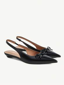 CUCCOO CHICEST 女款新款甜美蝴蝶結裝飾尖頭時尚黑色漆皮高跟鞋，通勤購物日常約會下午茶適用 - 黑色 - 查看 2