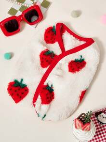 PETSIN 1pc Pet Cat Dog Universal Cute Red Strawberry Print Double-Sided Elastic Plush Comfortable And Warm Open Button Dog Sleeveless Jacket Jacket - Multicolor - View 1
