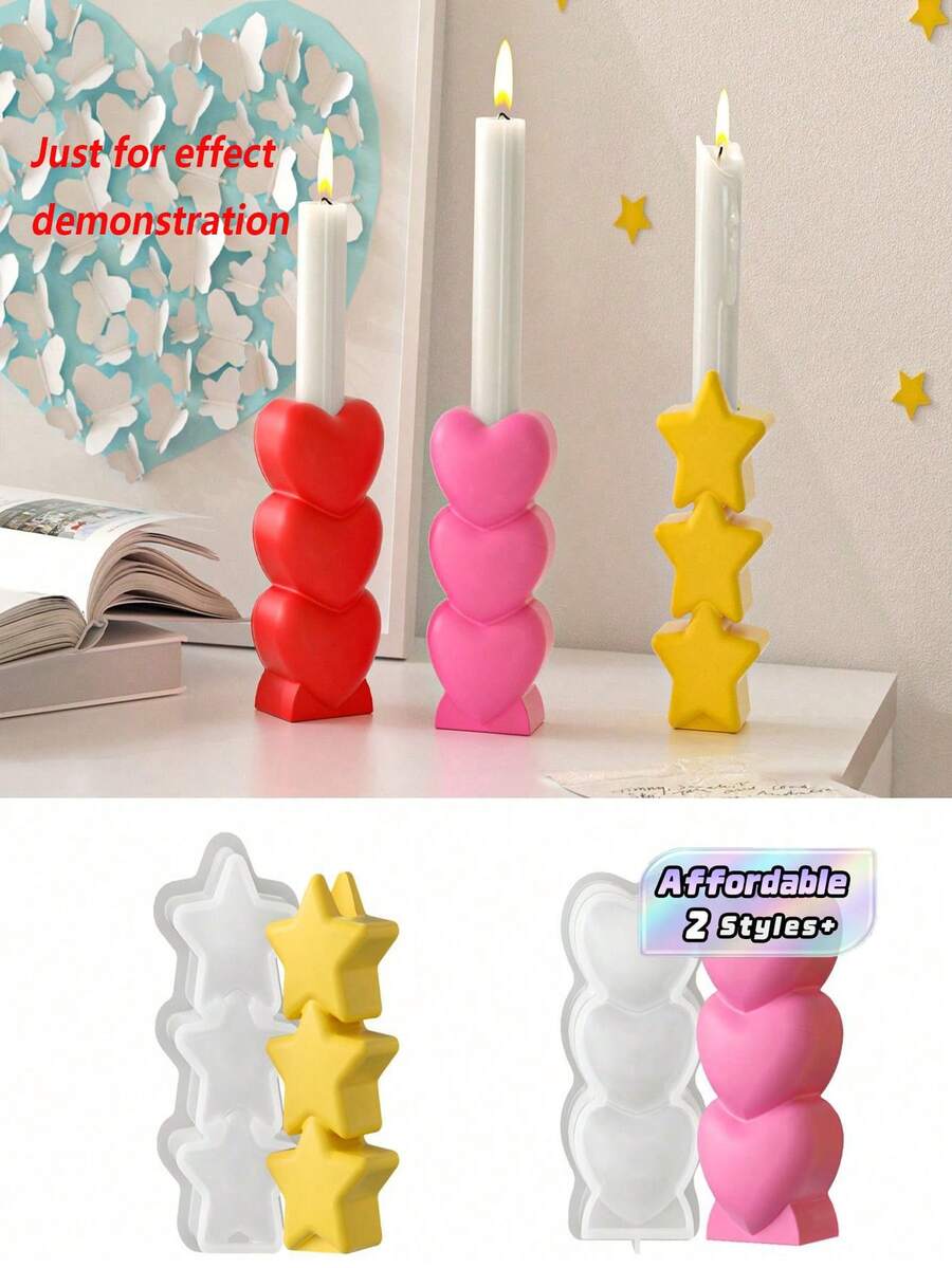 1 buah Cetakan Silikon Tempat Lilin Bintang & Hati Tiga-dalam-Satu, Alas Lilin Plaster Aromatik DIY & Cetakan Ornamen - Tiga kali lipat - View 1