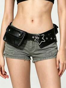 ROMWE Grunge Punk Y2K Punk Style, Black Metal, Five-Pointed Star, Rivets, Gas Eyes, Multiple Pockets, Adjustable Metal Buckles, Women's Fanny Pack, - Black star - View 1