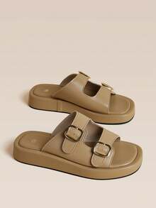 HighSole Bimetal Square Buckle Minimalist Light Luxury Style Cool Slippers Vacation Casual Versatile Wear - Brown - View 1