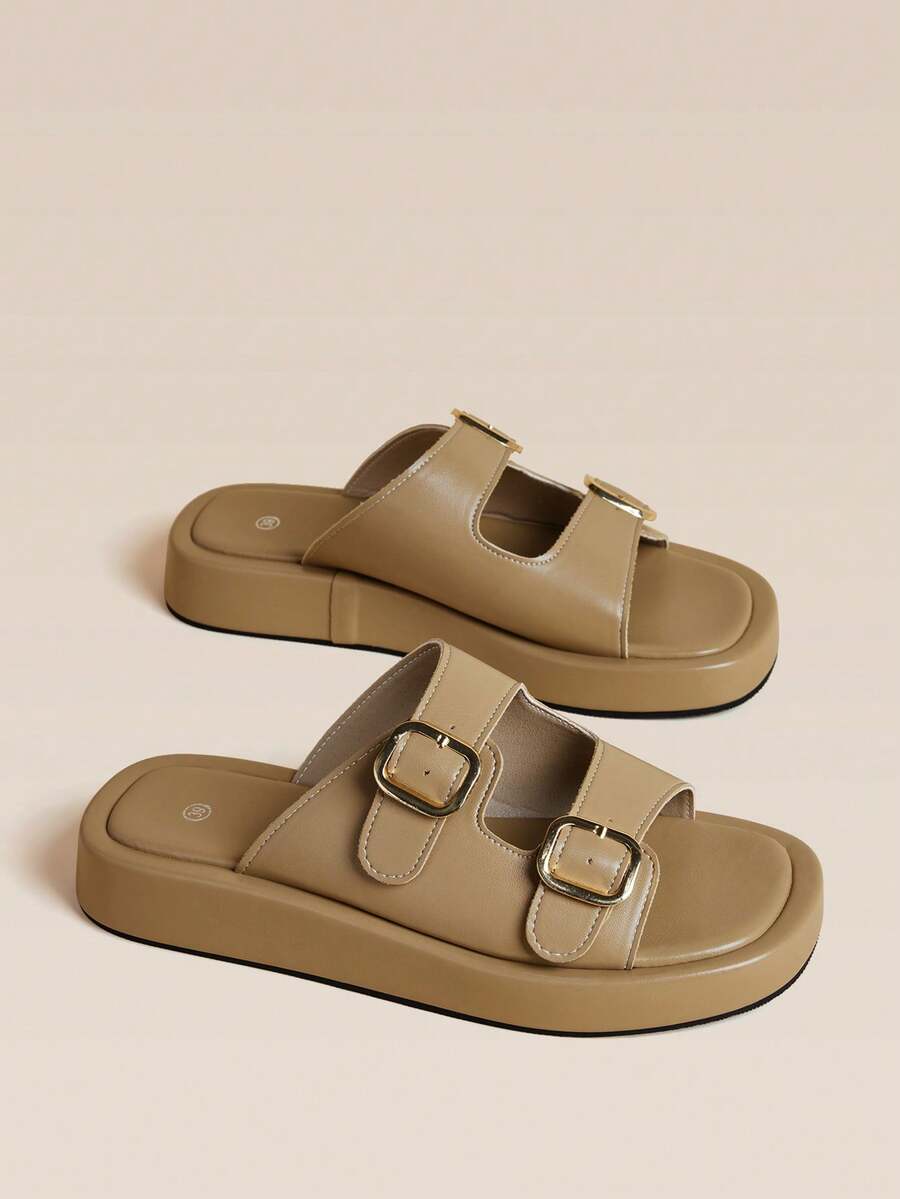 HighSole Bimetal Square Buckle Minimalist Light Luxury Style Cool Slippers Vacation Casual Versatile Wear - Brown - View 1