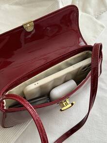SIENNITY Stylish Mirror‑Finish Baguette Bag, Featuring Metal Hardware Lock Clasp And Flap Opening. A Lightweight Minimalist Shoulder Bag With Small Capacity. - Burgundy - View 5
