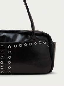 Nöista Black Shoulder Bag With Silver Eyelet Detailing, Long Handles, And A Structured Rectangular Silhouette. - Black - View 7
