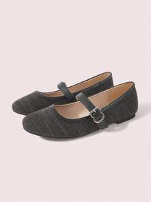 CUCCOO DOLLMOD French Linen Patchwork Mary Jane Shoes Round Toe Single Strap Daily Versatile Commute Flat Shoes For Women Fall Shoes - Black - View 2