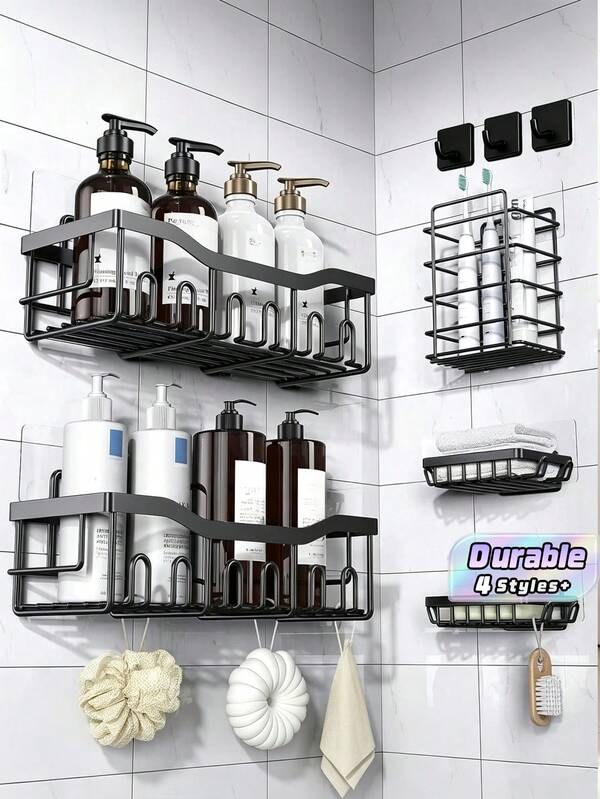 Wall‑Mounted Iron Bathroom Storage Rack, No‑Drill Bathroom Organizer, Hanging Toothbrush Holder For Toiletries & Bathroom Supplies