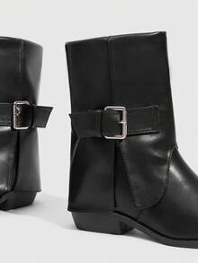 Daringsoles Women's Small Square Toe Black Ankle Boots Fashionable And Elegant Thick Heel Styling Circumference Bottom Reverse Set Buckle Versatile And Thin Outdoor - Black - View 3