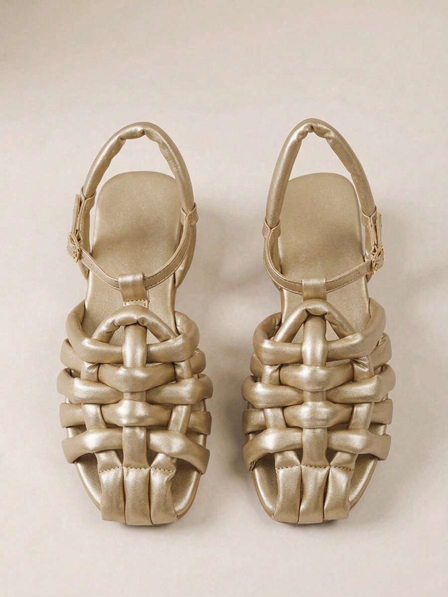 HighSole 女士金色方头镂空编织复古时尚休闲罗马平底凉鞋 - 金色 - 查看 1