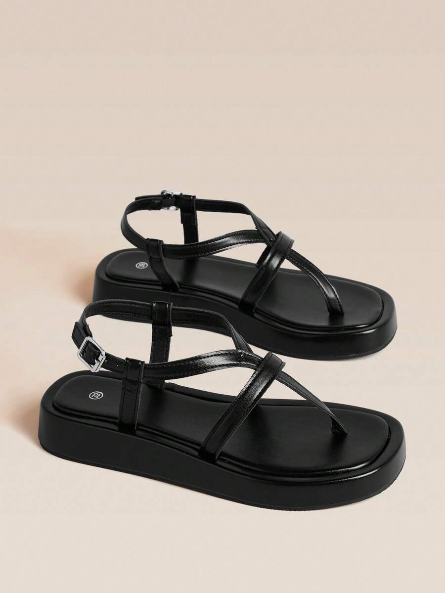 HighSole Toe Back Strap Metal Buckle Design Simple Retro Sandals Holiday Shopping Wear - Black - View 1