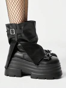 ROMWE Grunge Punk 女款黑色搖滾龐克哥德風尖頭粗跟楔形扣環騎行短靴，適合聖誕 Y2K 風格 - 黑色/厚底蝴蝶結 - 查看 5