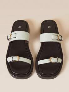 HighSole نعال مريحة بتصميم حزام مزدوج وإبزيم معدني، كاجوال ريترو، مناسبة للعطلات والتسوق والاستخدام اليومي - بيج - مشاهدة 3
