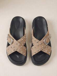 HighSole 女士黑色厚底舒适平底凉鞋，适合日常穿着 - 棕色 - 查看 1