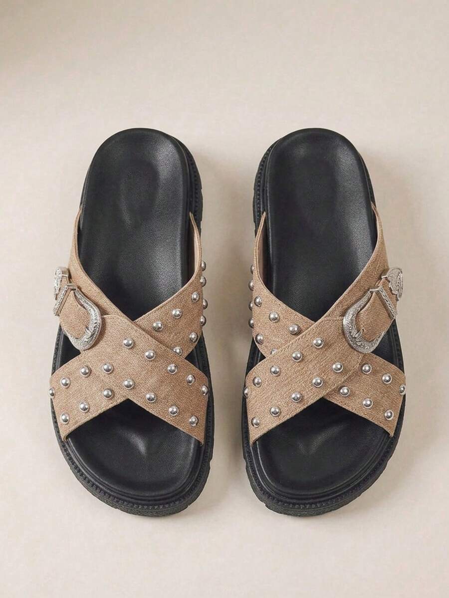 HighSole 女士黑色厚底舒适平底凉鞋,适合日常穿着 - 棕色 - 查看 1