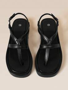 HighSole Toe Back Strap Metal Buckle Design Simple Retro Sandals Holiday Shopping Wear - Black - View 5