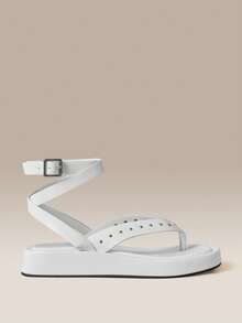 HighSole Metal Rivet Decorative Herringbone Clip Ankle Strap Simple Premium Sandals Beach Vacation Casual Wear - White - View 2