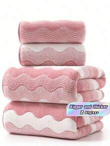 Minimalist Striped Coral Fleece Soft Absorbent Quick-Dry Bath Towel/Hand Towel For Home Use - Pink - View 1