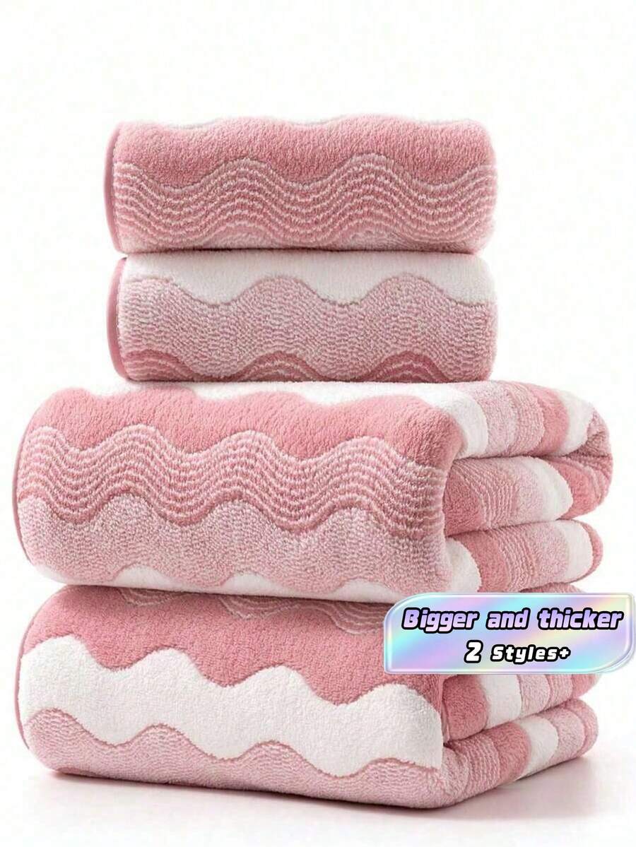 Minimalist Striped Coral Fleece Soft Absorbent Quick-Dry Bath Towel/Hand Towel For Home Use - Pink - View 1