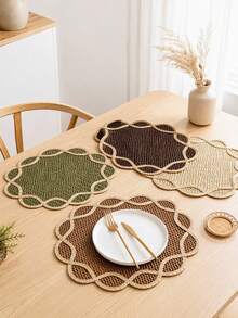 Haus Hana 1pc 38cm Round Or 45x30cm Rectangular Boho Woven Paper Placemat, Flower Petal Edge Table Mat With Natural Two-Tone Braided Design, Rustic Farmhouse Dining Decor For Kitchen, Dinner Table, Wedding, Party, Holiday And Daily Use - Multicolor - View 1