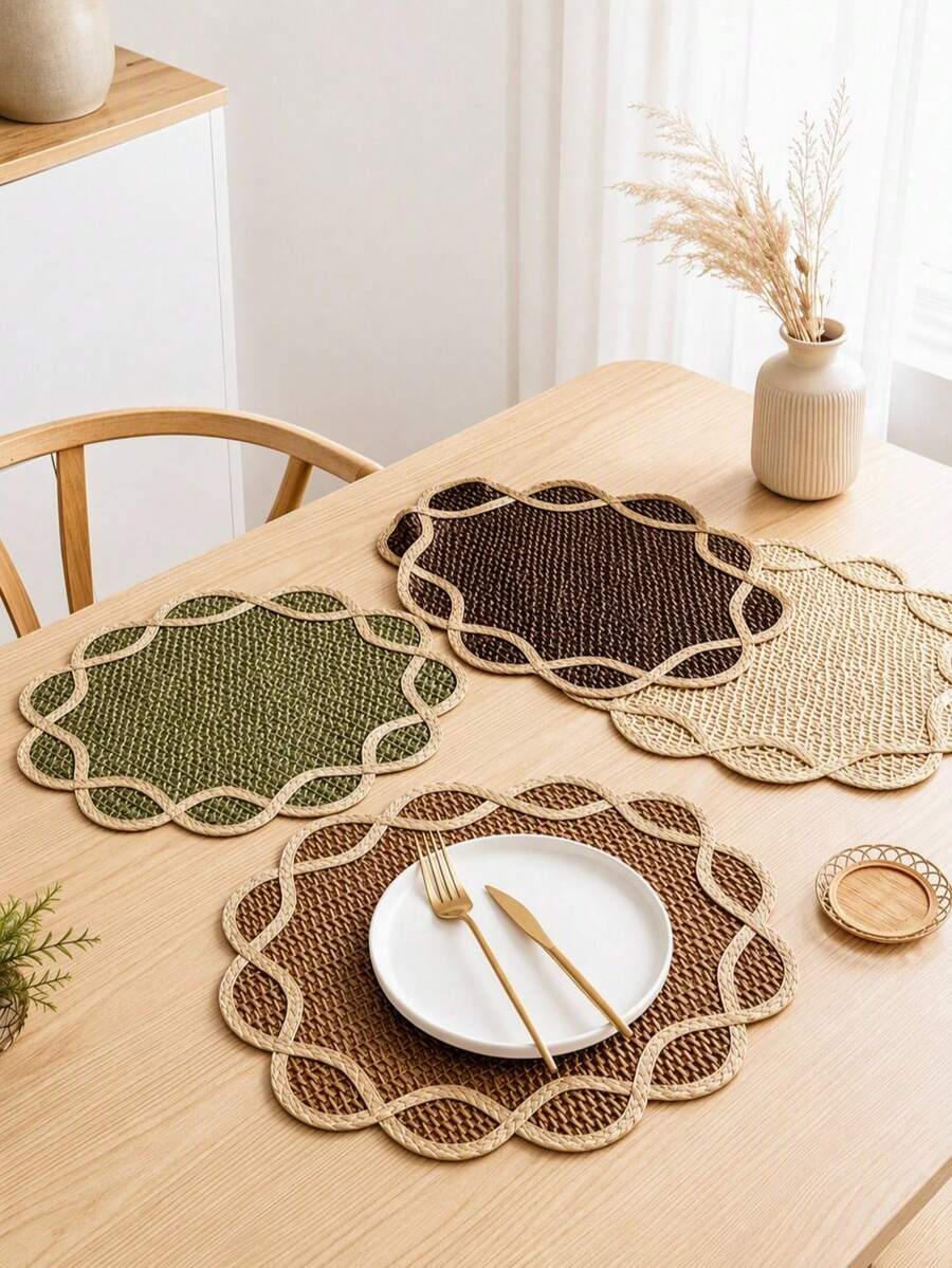 Haus Hana 1pc 38cm Round Or 45x30cm Rectangular Boho Woven Paper Placemat, Flower Petal Edge Table Mat With Natural Two-Tone Braided Design, Rustic Farmhouse Dining Decor For Kitchen, Dinner Table, Wedding, Party, Holiday And Daily Use - Multicolor - View 1