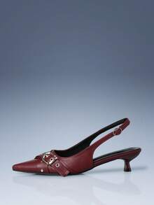 CUCCOO GRLICON Women Shoes Light Luxury Commuter Style Workplace Women Daily Shopping Spring And Summer Soft Leather Metal Rivet Buckle Tip Thin Heel Empty Shoes Kitten Heels Fall Shoes - Burgundy - View 1