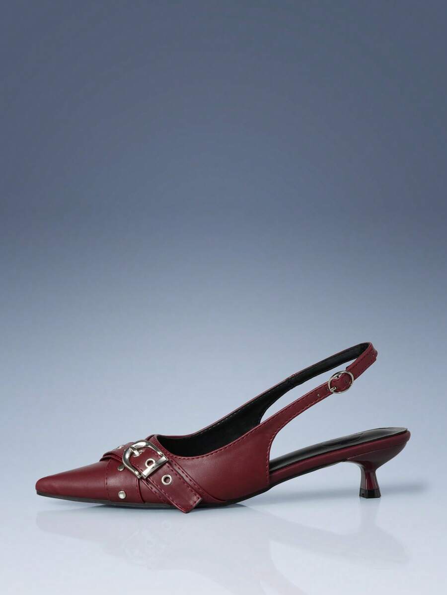 CUCCOO GRLICON Women Shoes Light Luxury Commuter Style Workplace Women Daily Shopping Spring And Summer Soft Leather Metal Rivet Buckle Tip Thin Heel Empty Shoes Kitten Heels Fall Shoes - Burgundy - View 1