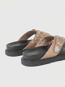 HighSole 女士黑色厚底舒适平底凉鞋，适合日常穿着 - 棕色 - 查看 8