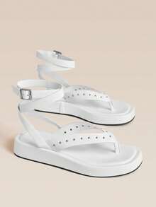 HighSole Metal Rivet Decorative Herringbone Clip Ankle Strap Simple Premium Sandals Beach Vacation Casual Wear - White - View 1