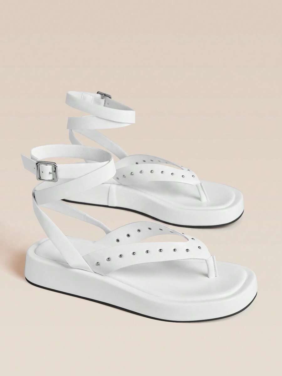HighSole Metal Rivet Decorative Herringbone Clip Ankle Strap Simple Premium Sandals Beach Vacation Casual Wear - White - View 1