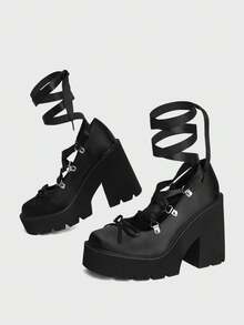 Sugerpunk Women's Fashion Sexy Platform Platform Shoes, Punk Style Gothic Dark Ribbon Lace-Up Design Front And Heel With Bow Beautiful Fashion V - Black - View 5