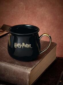 HARRY POTTER X SHEIN 400ml (13.5oz) 復古三角圖騰陶瓷馬克杯，金邊裝飾，大容量大釜造型，適合咖啡與茶，居家與辦公室日常飲用杯 - 黑色 - 查看 4