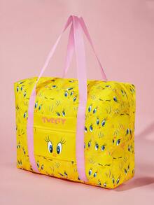 LOONEY TUNES X SHEIN 1 Pc Cat & Mouse Cheese Themed Foldable Travel Tote Bag, Lightweight Polyester Luggage Sleeve Bag - yellow powder - View 2