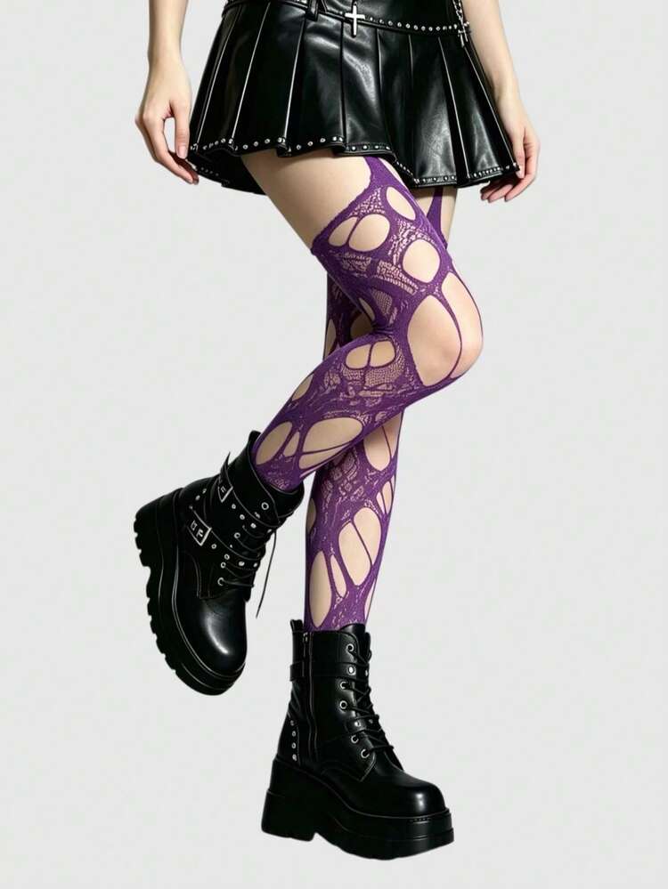 ROMWE Goth Sexy Lady Ripped Fishnet Black Tights - Purple - View 5