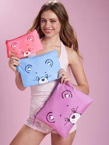 SHEIN X Care Bears Colorful Bear Face Multi-Purpose Zipper Bag, Portable, Available As Single Or Set, Great For Cosmetics, Tech Gadgets And Personal Use - Purple and blue powder - View 1