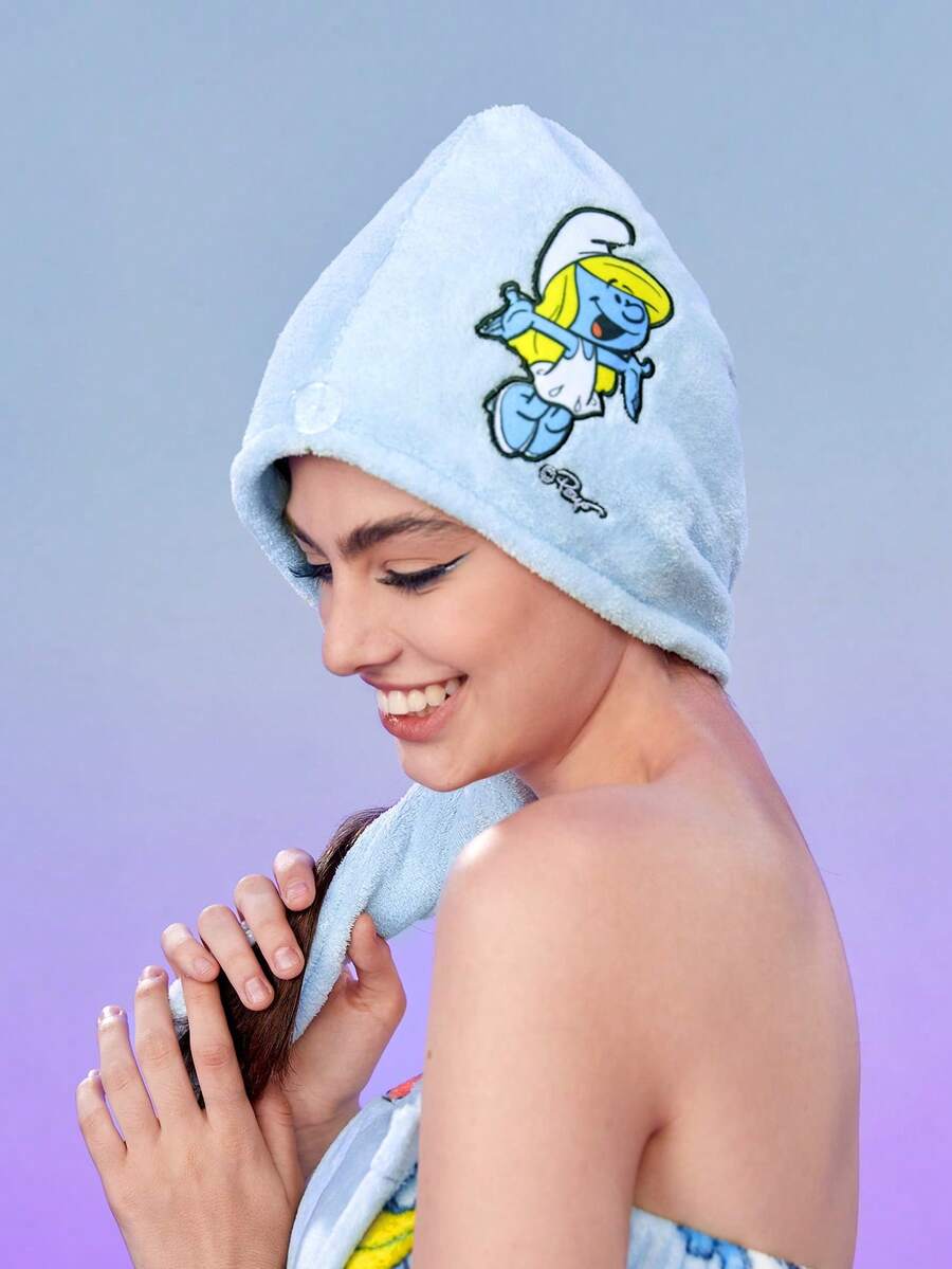 SHEIN X The Smurfs 1件裝 藍色卡通刺繡乾髮帽 - 淺藍色 - 查看 1
