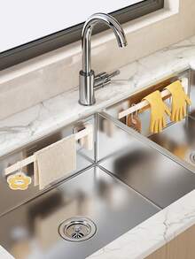 1Pc Sink Rag Holder, Punch‑Free Wall‑Mounted Kitchen Storage Rack, Towel Bar Paper Towel & Plastic Wrap Organizer - Multicolor - View 6