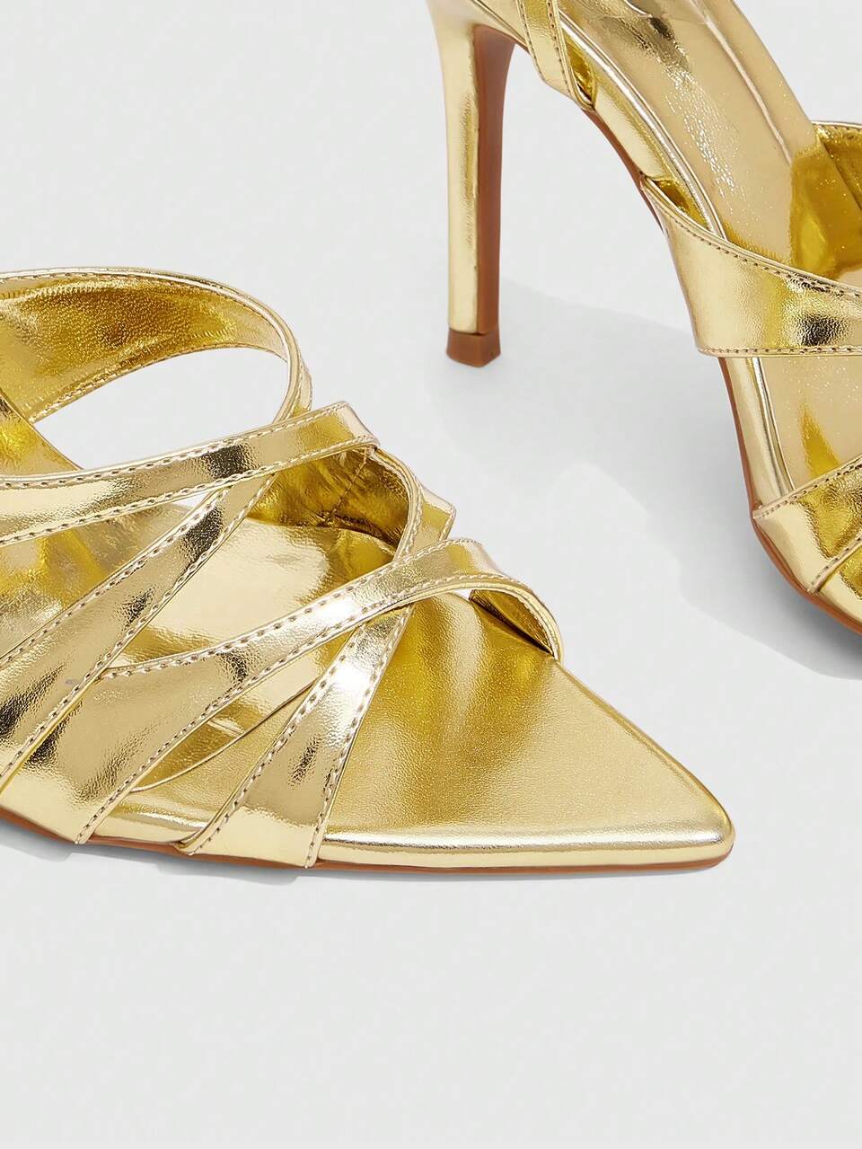 CUCCOO SZL Women Shoes Gold Bright PU Hollow Design Ankle Strap Fashion Sexy Pointed Stiletto Sandals