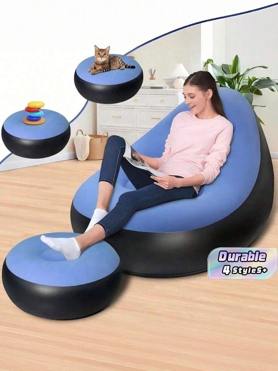 1pc Inflatable Sofa With Footrest, Flocked Surface Air Couch For Adults, Portable Waterproof Camping Lounge Chair With Footstool, Home & Outdoor Use - Chair - View 1