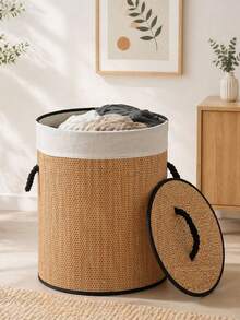 1Pc Large Capacity Foldable Bamboo Laundry Hamper With Lid & Handles,Hand-Woven Storage Basket, Bamboo Woven With Lid, For Miscellaneous Items, Toys, Dirty Clothes, Portable Laundry Hamper - Bamboo primary color - View 7