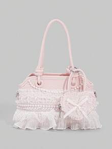 ROMWE Kawaii 1 Buah Tas Tangan Lucu Berenda dan Berkerut, Tas Selempang Gaya Preppy Y2K dengan Dekorasi Pita, Tas Modis untuk Pakaian Kembali ke Sekolah & Liburan - Berwarna merah muda - View 10