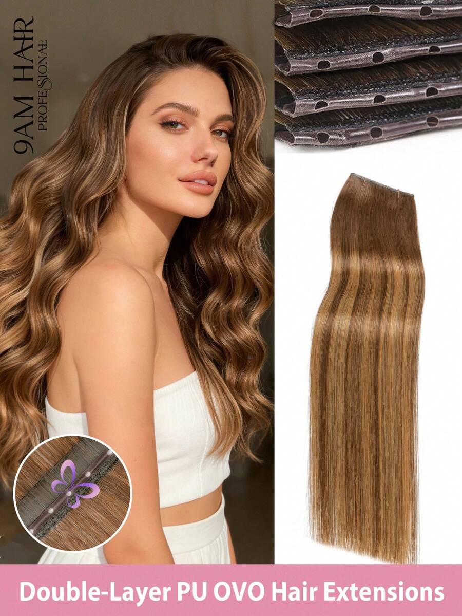 9AM HAIR Butterfly Weft Hair Extensions Human Hair Glueless OVO Pu Hole Genius Hand Tied Invisible DIY Double Weft Hair Extensions Straight 1pc 16 Inches