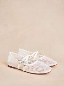 Rosivie Nuevos zapatos Mary Jane de malla francesa de moda para mujer, mocasines blancos de verano con diseño hueco transpirable, doble hebilla, punta cuadrada, suela plana y empeine bajo - Blanco - Ver 3