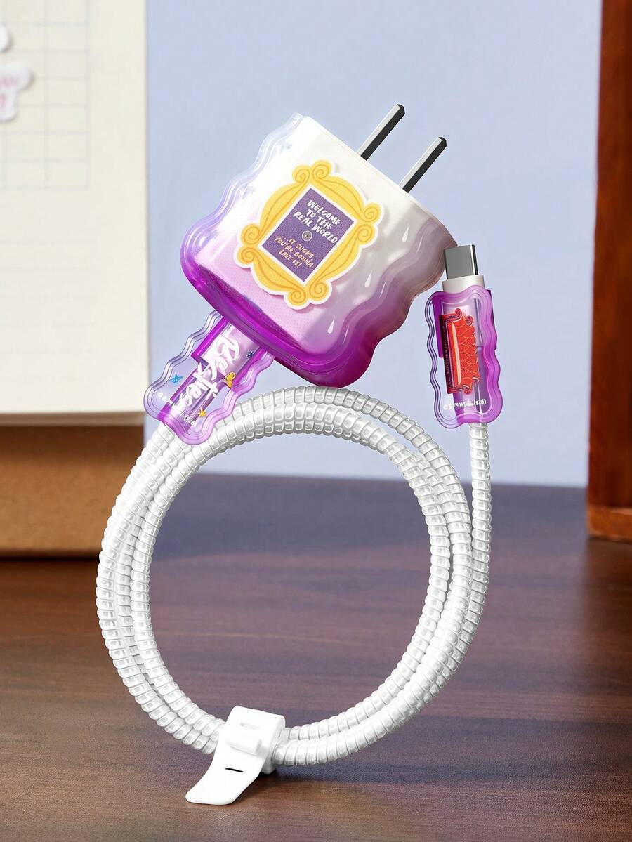 FRIENDS X SHEIN 5件組數據線保護套,適用於充電器,櫻桃印花圖案,充電器保護套(不含數據線) - 紫色 - 查看 1