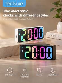 Teckwe LED Digital Electronic Clock Bedside Alarm Clock, 3-Level Adjustable Brightness, Mirror Alarm Clock With Temperature Display, Bedroom Clock, Room Decor, Home Decor. - one-size - View 2