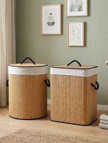 1Pc Large Capacity Foldable Bamboo Laundry Hamper With Lid & Handles,Hand-Woven Storage Basket, Bamboo Woven With Lid, For Miscellaneous Items, Toys, Dirty Clothes, Portable Laundry Hamper - Bamboo primary color - View 6