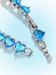 Popjeli Women's Turquoise Tennis Chain Bracelet Heart Cut Full  Crystal Stone SSparkling Adjustable Bracelet For Daily Party Jewelry - Blue Love Tennis Chain Bracelet - View 5