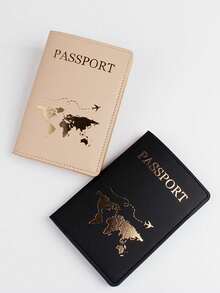 Found Favorite 2 Cute Gold-Plated Style Multi-Layer Passport Clips Two Pieces Set, Suitable For Men And Women, Couples, With Letters + Map Patterns - Black + Khaki - View 6