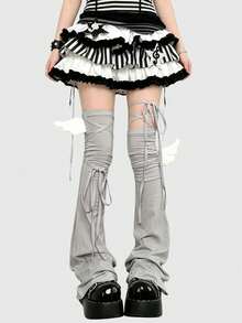 ROMWE Kawaii 可愛 Y2K 風格蝴蝶結綁帶純色女款腿套，適合時尚裝飾、動漫角色 Cosplay、JK 配件 - 灰色 - 查看 1